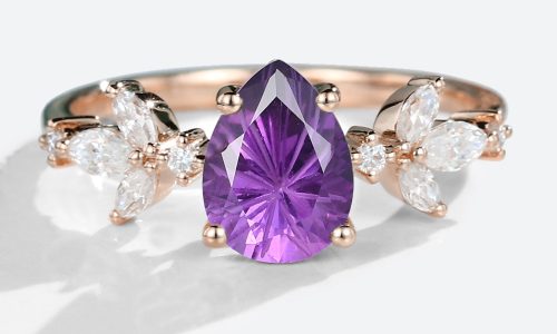 Rose Gold Pear Shaped Amethyst Engagement Ring Unique Marquise Moissanite Side Stone Ring (1)