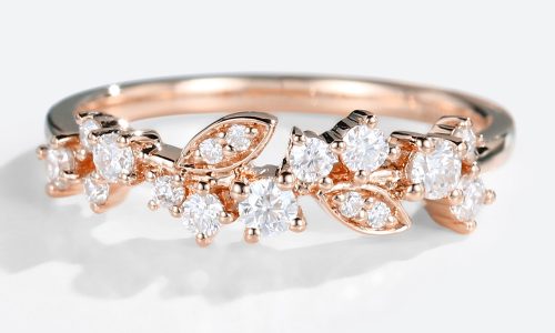 Rose Gold Round Cut Moissanite Rings Leaf Floral Curved Wedding Band (1)