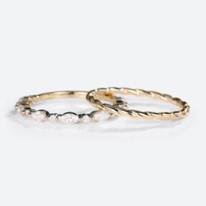 Solid 14K Yellow Gold Marquise Cut Moissanite Rings with Twisted Gold Ring Set