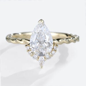 Pear Ring 1ct Lab Created Diamond Rings 3/4 Twisted 3-Prong Rings​ in Yellow Gold