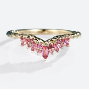 Yellow Gold Marquise Cut Pink Tourmaline & Morganite Twisted Curved Wedding Band
