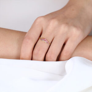 October’s birthstone - Yellow Gold Marquise Cut Pink Tourmaline & Morganite Twisted Curved Wedding Band
