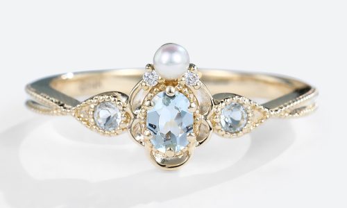 Yellow Gold Unique Aquamarine and Pearl Vintage Engagement Ring (1)
