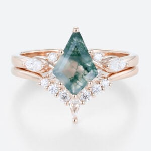 14K Rose Gold Kite Shaped Moss Agate Ring Moissanite Curved Wedding Ring Set