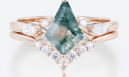 14K Rose Gold Kite Shaped Moss Agate Ring Moissanite Curved Wedding Ring Set (1)