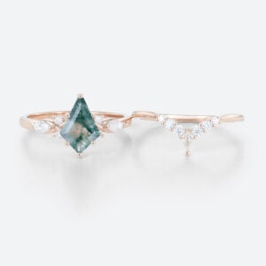 14K Rose Gold Kite Shaped Moss Agate Ring Moissanite Curved Wedding Ring Set (4)
