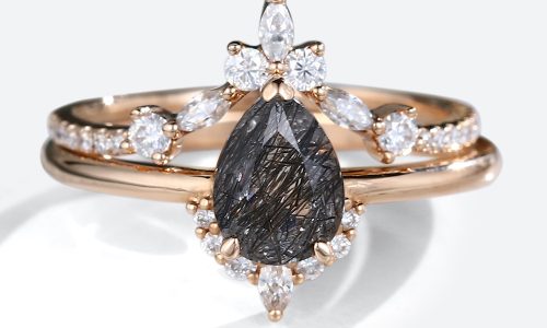 14K Rose Gold Pear Shaped Black Rutilated Quartz Engagement Ring with Marquise Diamond Pave Curved Wedding Ring Set (1)