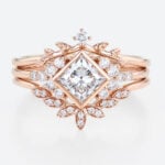 Rose Gold Princess Cut Lab Grown Diamond Leaf Wedding Ring Set