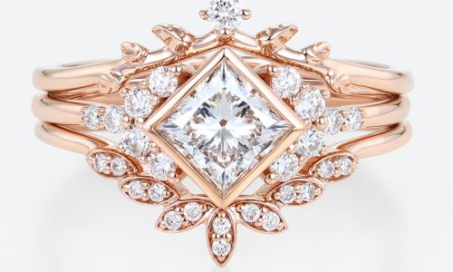 1ct Colorless VS+ Princess Cut Lab Grown Diamond Vintage Bezel Setting Engagement Ring Set in Rose Gold (1) Rose Gold Princess Cut Lab Grown Diamond Leaf Wedding Ring Set