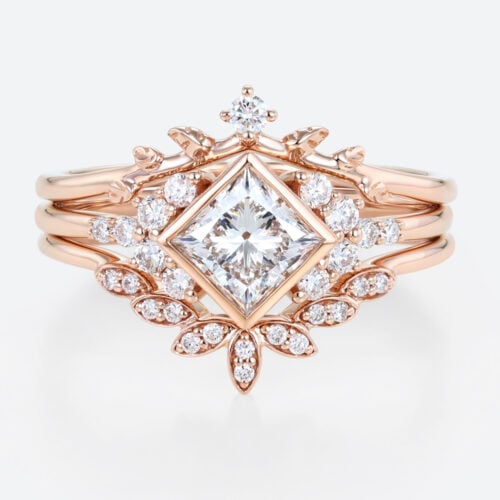 Rose Gold Princess Cut Lab Grown Diamond Leaf Wedding Ring Set