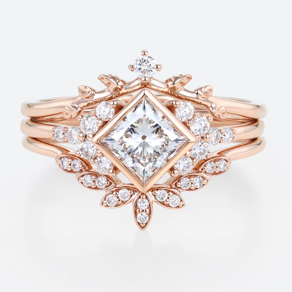 Rose Gold Princess Cut Lab Grown Diamond Leaf Wedding Ring Set
