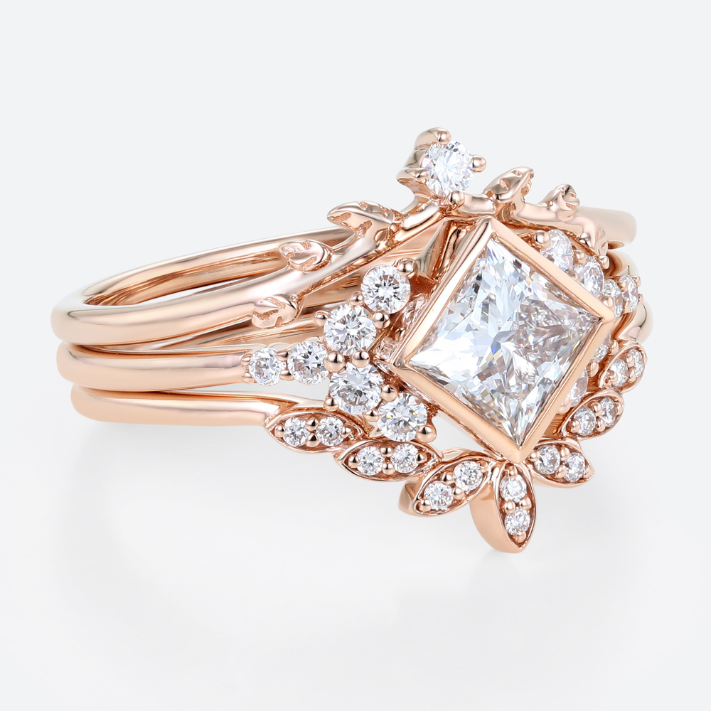 Rose Gold Princess Cut Lab Grown Diamond Leaf Wedding Ring Set