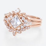 Rose Gold Princess Cut Lab Grown Diamond Leaf Wedding Ring Set
