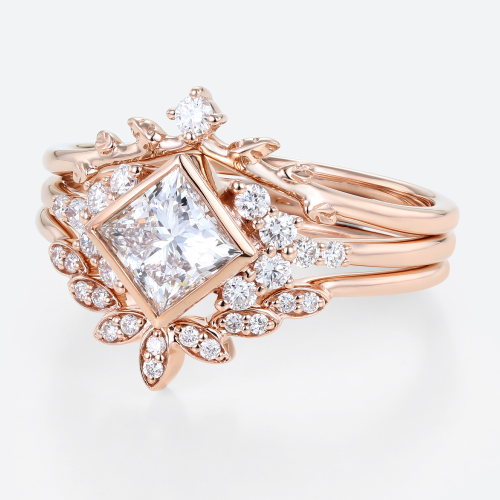 Rose Gold Princess Cut Lab Grown Diamond Leaf Wedding Ring Set