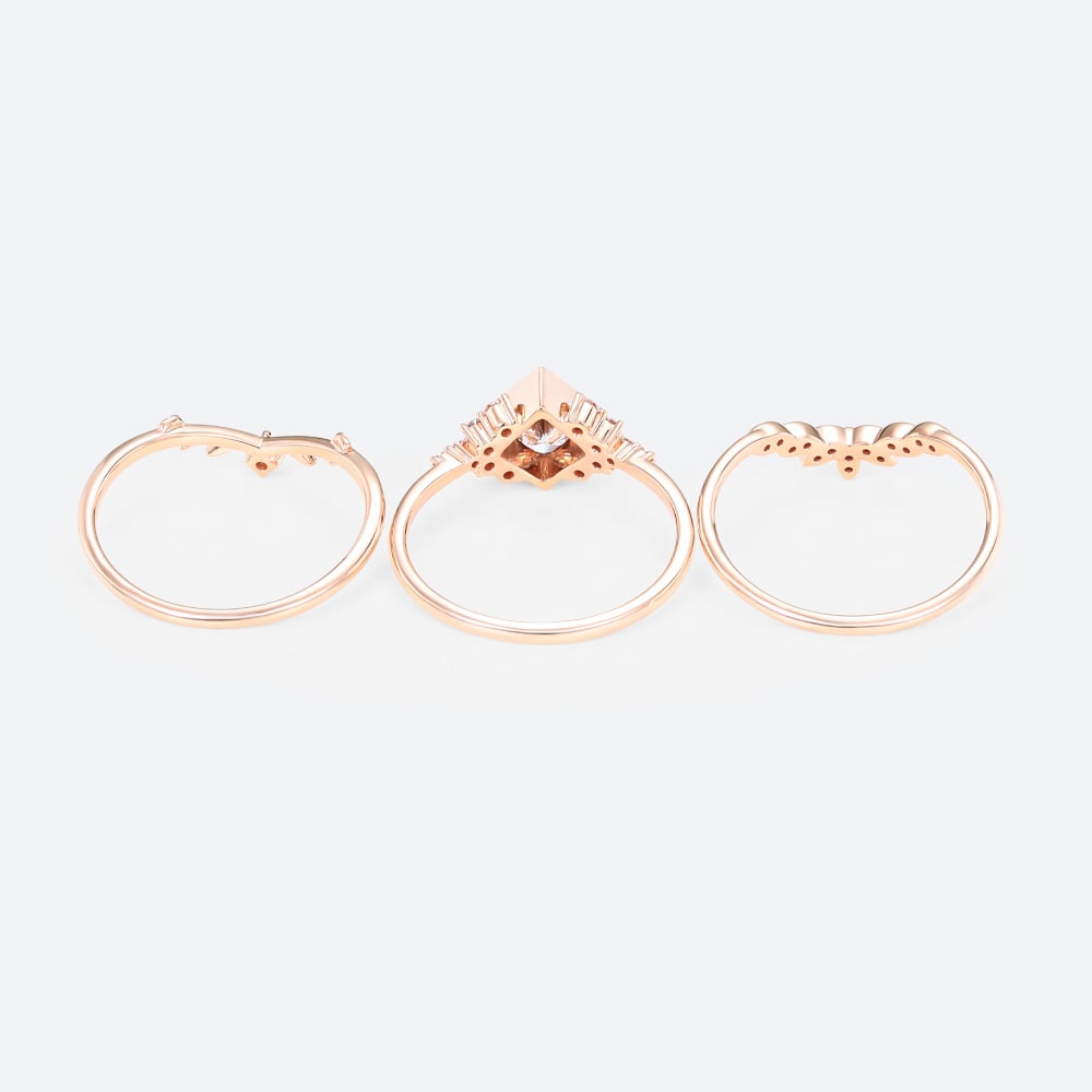 Rose Gold Princess Cut Lab Grown Diamond Leaf Wedding Ring Set