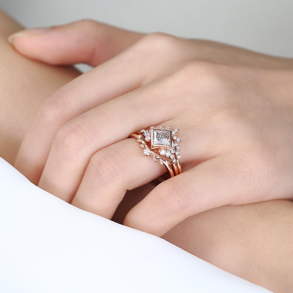 Rose Gold Princess Cut Lab Grown Diamond Leaf Wedding Ring Set