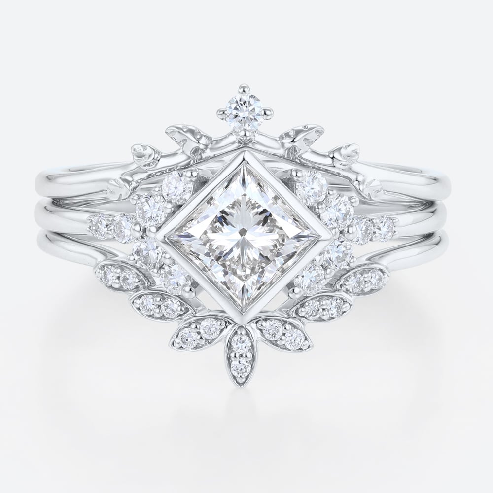 Princess Cut Lab Grown Diamond Leaf Wedding Ring Set