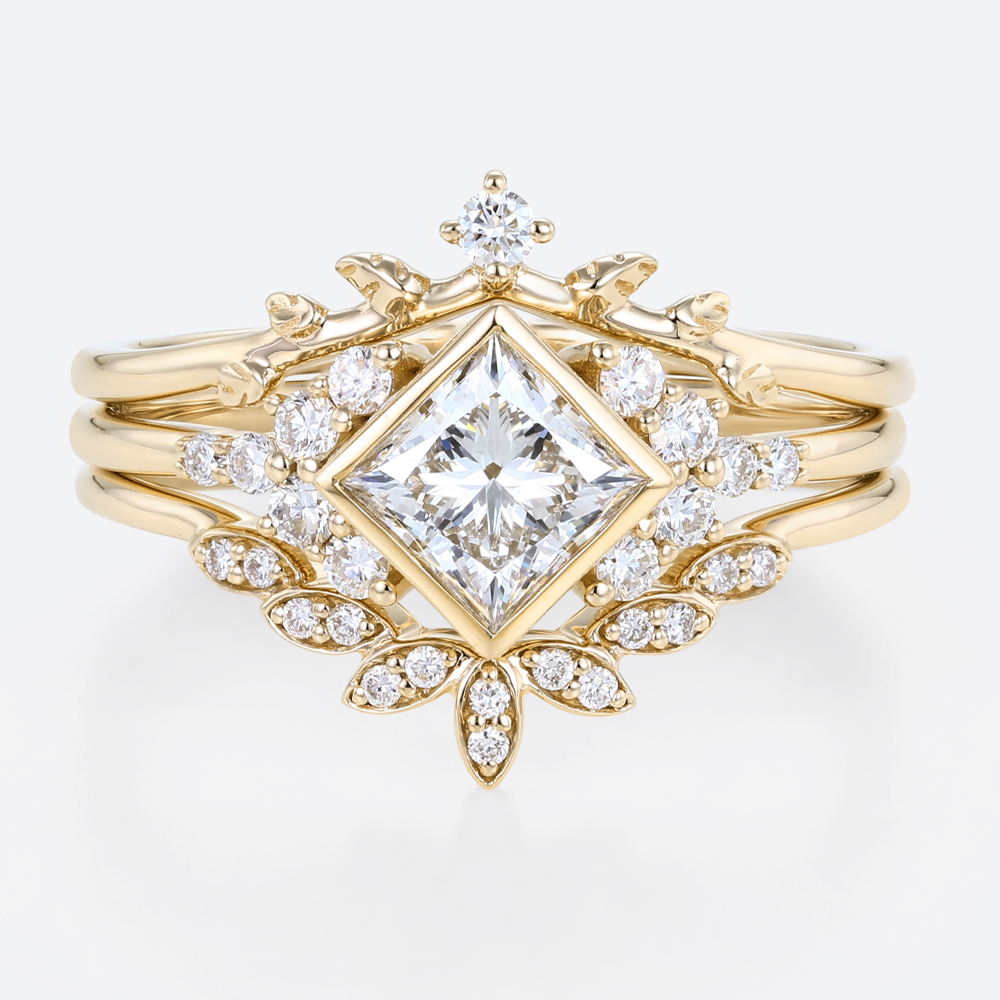Princess Cut Lab Grown Diamond Leaf Wedding Ring Set