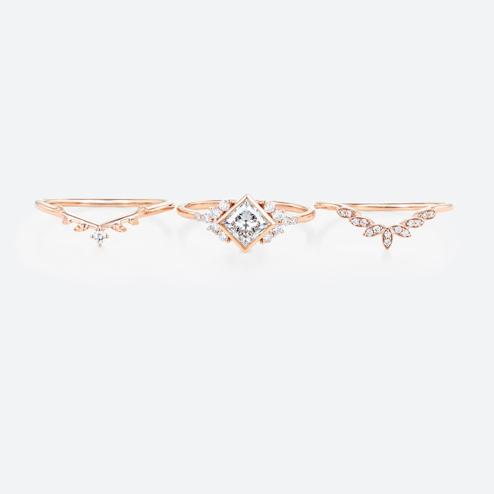 Rose Gold Princess Cut Lab Grown Diamond Leaf Wedding Ring Set