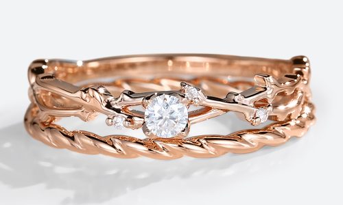 2PCS Rose Gold Round Cut Diamond Engagement Rings with Twisted Wedding Rings Set (1)