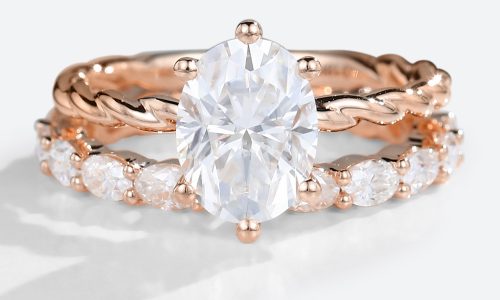 2PCS Rose Gold Solitaire Oval Cut Lab Grown Diamond Eternity Twisted Engagement Ring Set (1)