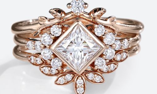 3PCS Rose Gold Princess Cut Lab Grown Diamond Leaf Wedding Ring Set (1)