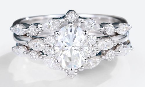 3PCS White Gold Oval Cut Lab Grown Diamond Engagement Ring with Double Curved Wedding Rings Set (1)