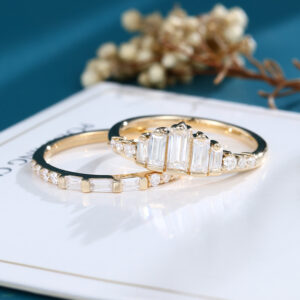 LisaJewelryUS 2PCS Baguette Cut Moissanite Solid Gold Stacking Wedding Bands