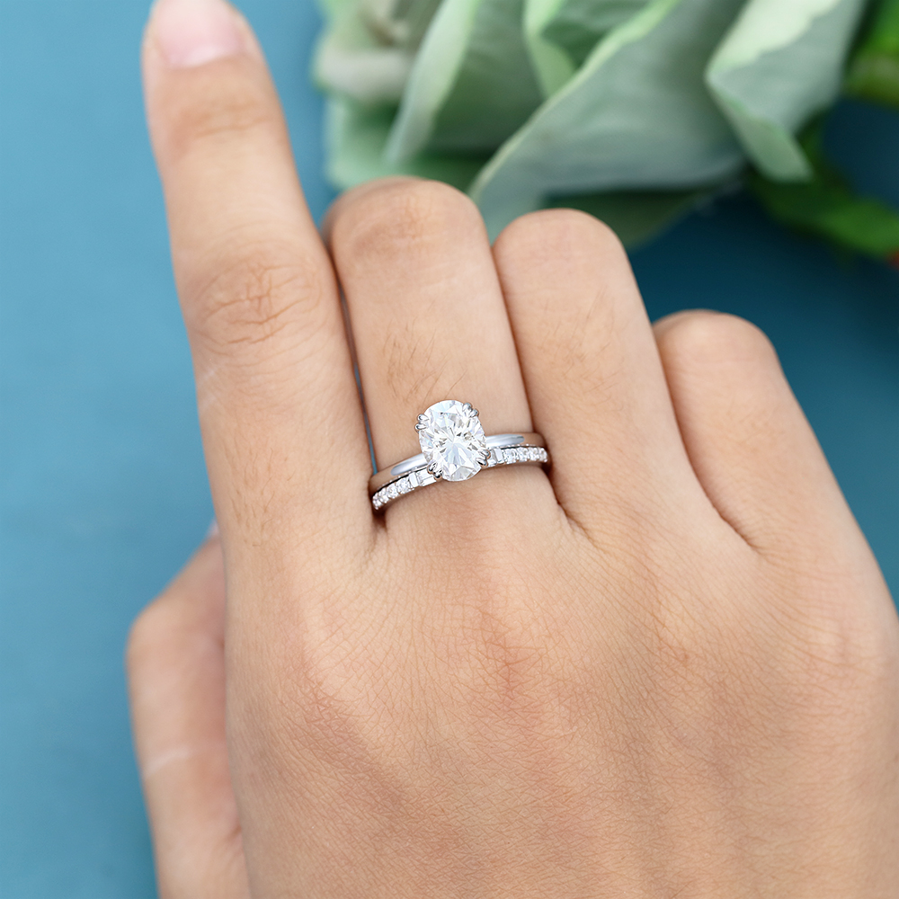 LisaJewelryUS Oval Cut 2CT Lab Grown Diamond White Gold Double Claw Engagement Ring Set 6