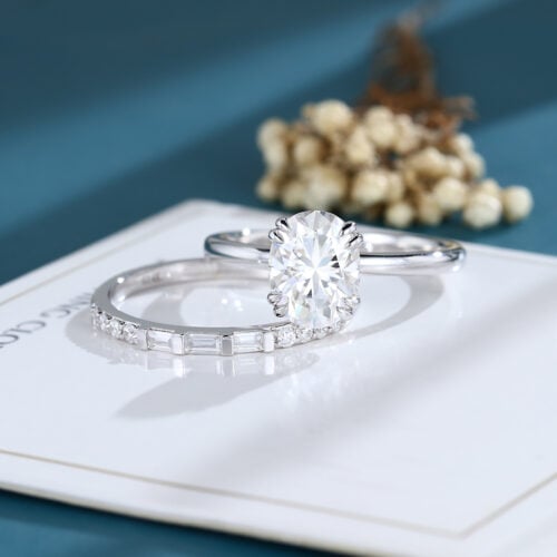 LisaJewelryUS Oval Cut 2CT Lab Grown Diamond White Gold Double Claw Engagement Ring Set 8