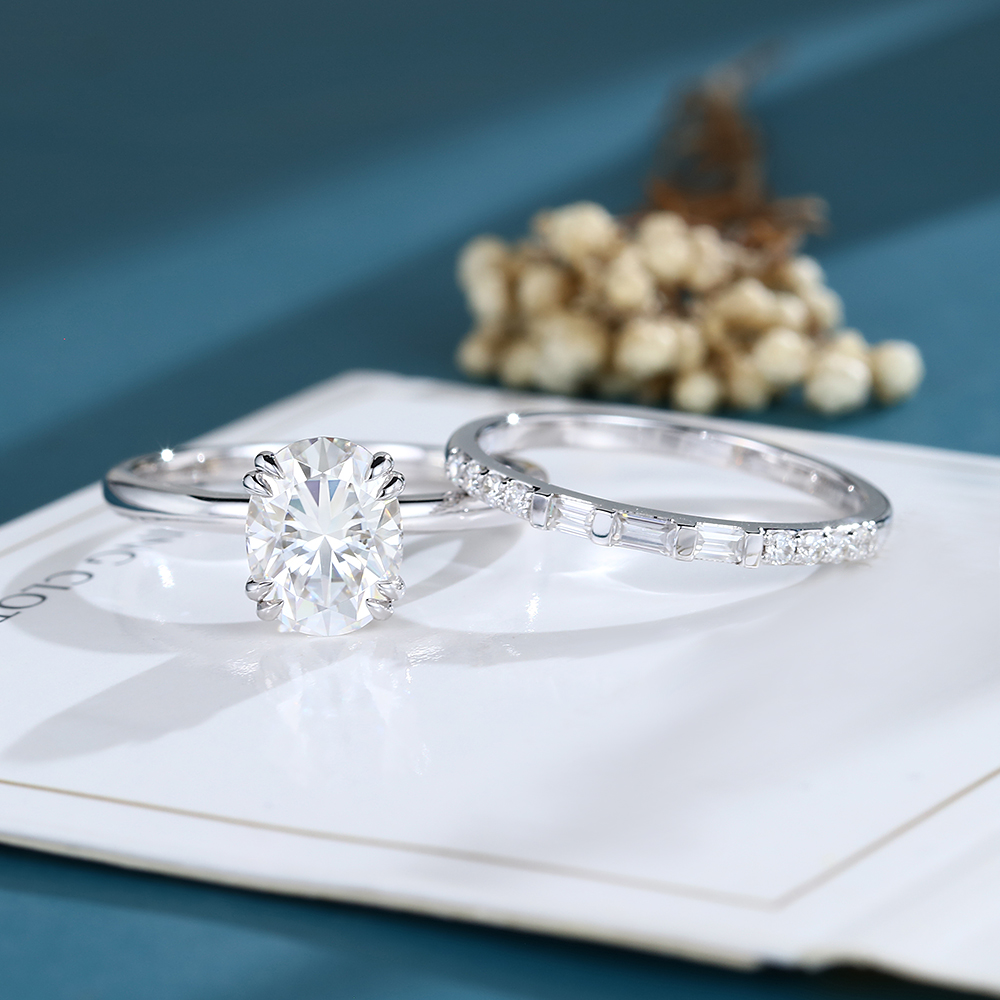 LisaJewelryUS Oval Cut 2CT Lab Grown Diamond White Gold Double Claw Engagement Ring Set