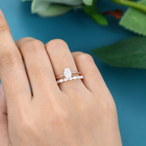 LisaJewelryUS Oval Cut Lab Grown Diamond Rose Gold Solitaire Engagement Ring Set 5