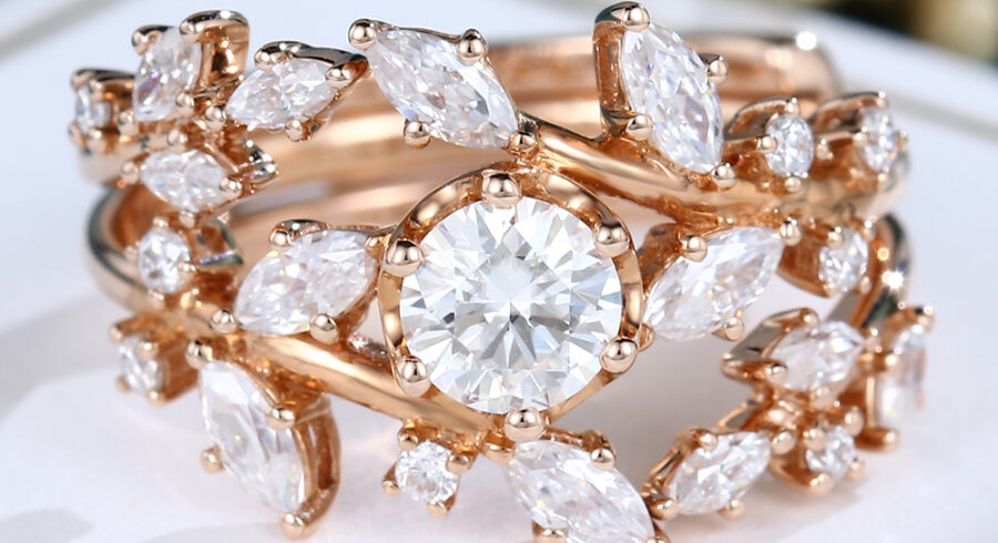 LisaJewelryUS Rose Gold Lab Diamond Leaf Engagement Ring Set
