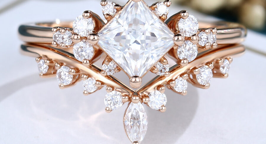 LisaJewelryUS 14K Rose Gold Princess Cut Lab Grown Diamond Cluster Engagement Ring Set