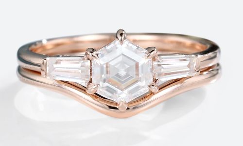 Rose Gold Hexagon Cut Lab Grown Diamond Engagement Ring with Plain Curved Wedding Ring Set (1)