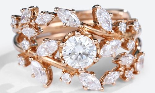 Rose Gold Marquise Cut Lab Diamond Engagement Ring with Leaf Curved Wedding Ring Set (1)