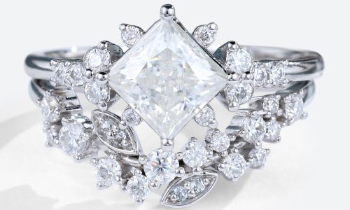 Unique Princess Cut Lab Grown Diamond White Gold Diamond Cluster Bridal Set (1)