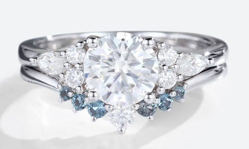 White Gold Lab Grown Diamond & Alexandrite Engagement Ring With Curved Wedding Rings Set (1)