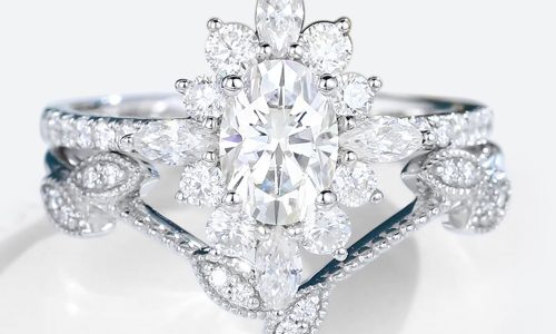White Gold Oval Lab Grown Diamond Half Eternity Engagement Ring with Pave Curved Wedding Ring Set (1) White Gold Oval Lab Grown Diamond Half Eternity Engagement Ring with Pave Curved Wedding Ring Set (1)