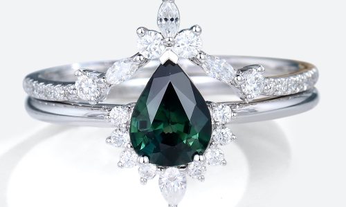 White Gold Pear Shaped Green Blue Sapphire Engagement Ring with Curved Wedding Band Set (1)