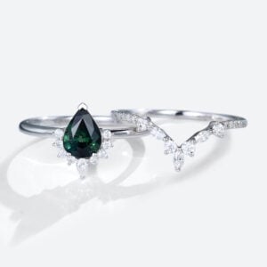 White Gold Pear Shaped Green Blue Sapphire Engagement Ring with Curved Wedding Band Set