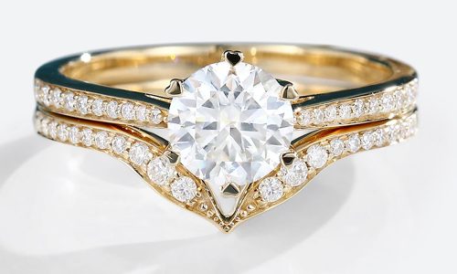 Yellow Gold Lab Grown Diamond Half Eternity Engagement Ring with Pave Curved Wedding Ring Set (1) Yellow Gold Lab Grown Diamond Half Eternity Engagement Ring with Pave Curved Wedding Ring Set (1)