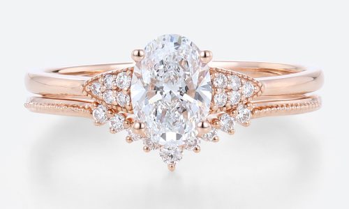 Vintage Oval Cut Lab Diamond Ring Set in 14k Rose Gold