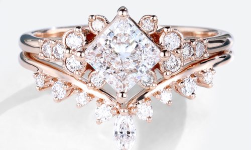 14K Rose Gold Princess Cut Lab Grown Diamond Cluster Engagement Ring Set (1)