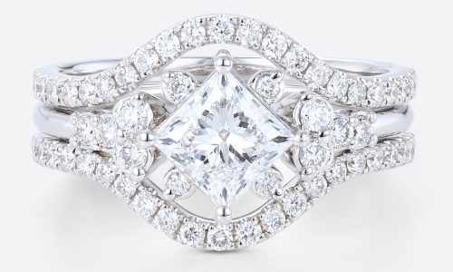 2PCS 14K White Gold Princess Cut Lab Grown Diamond Ring with Double Wedding Bands Bridal Set (1)