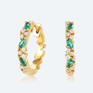 Round Cut Lab Diamond Curvy Charm Huggie Earrings with Emerald Accents