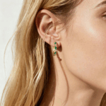 Round Cut Lab Diamond Curvy Charm Huggie Earrings with Emerald Accents