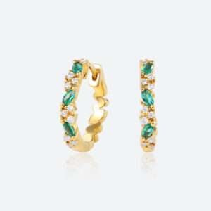 Round Cut Lab Diamond Curvy Charm Huggie Earrings with Emerald Accents