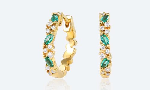 Round Cut Lab Diamond Curvy Charm Huggie Earrings with Emerald Accents Round Cut Lab Diamond Curvy Charm Huggie Earrings with Emerald Accents