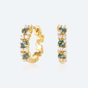 Round Cut Lab Diamond Dynamic Style Huggie Earrings with Moss Agate Accents